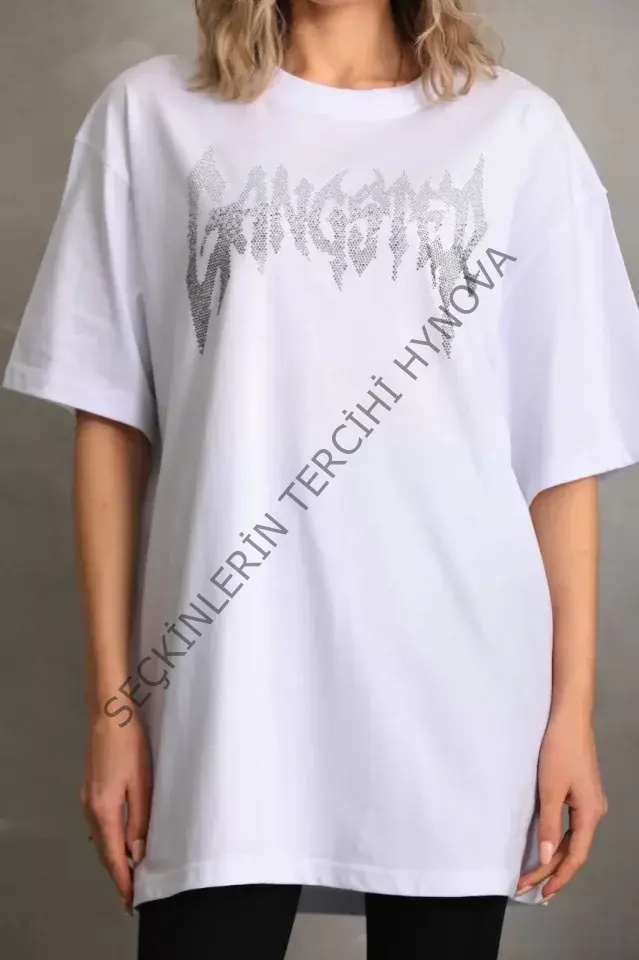 Unisex Taş Desenli Oversize T-Shirt - Beyaz