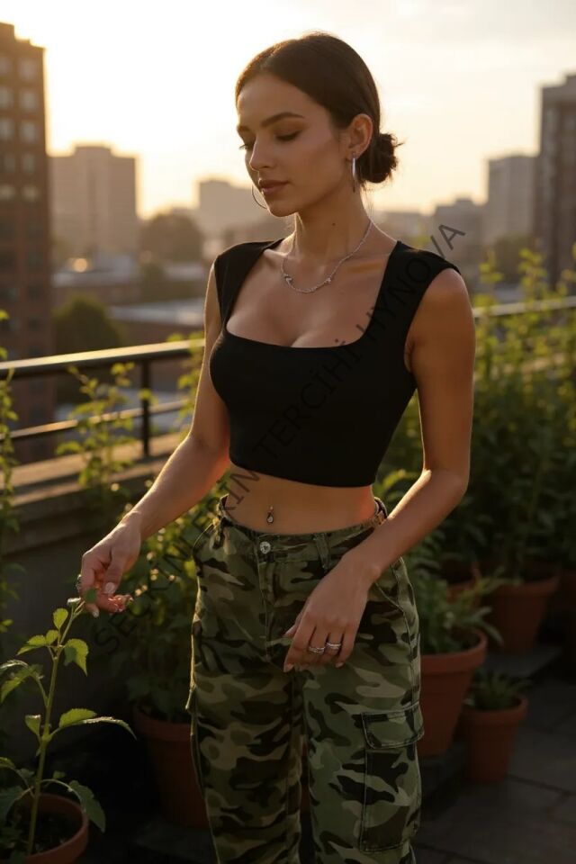 Kadın Siyah Kare Yaka Kalınlaşan Omuz Detaylı Crop Top Bluz