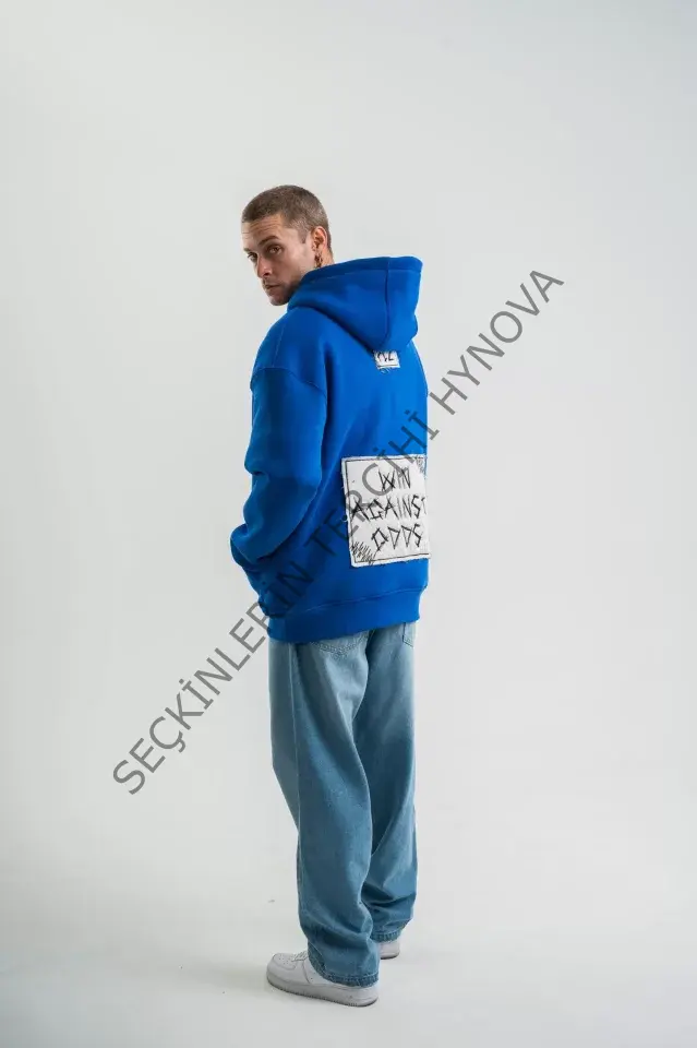 Unisex Kapşonlu Uzun Kol Patchli Nakışlı SweatShirt - Mavi