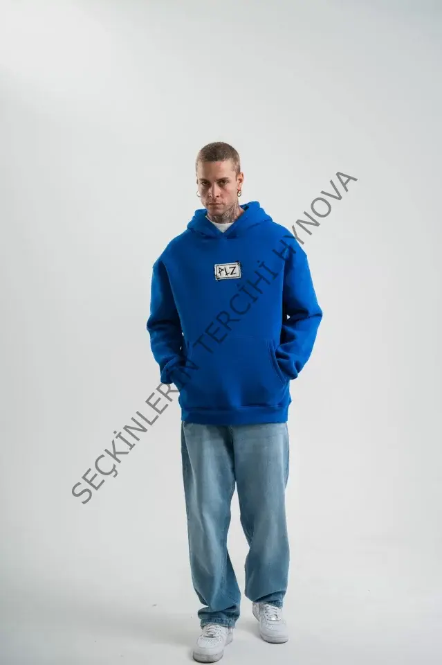 Unisex Kapşonlu Uzun Kol Patchli Nakışlı SweatShirt - Mavi