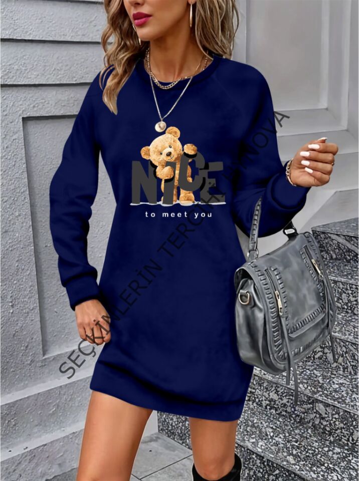 Kadın Uzun Kollu Bisiklet Yaka Ayı Desenli Viskon Iki Iplik Elbise