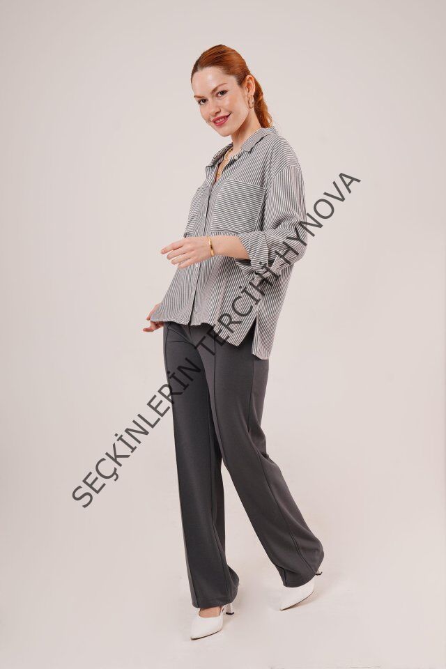 Yarasa Kol Çizgili Cep Detaylı Gri Gömlek