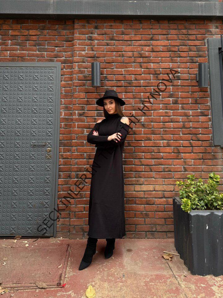 Kadın Balıkçı Yaka Omuzlardan Açık Uzun Kollu Janjan Krep Elbise