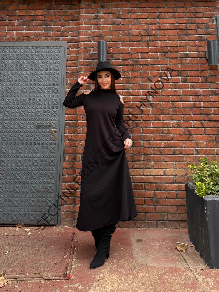 Kadın Balıkçı Yaka Omuzlardan Açık Uzun Kollu Janjan Krep Elbise