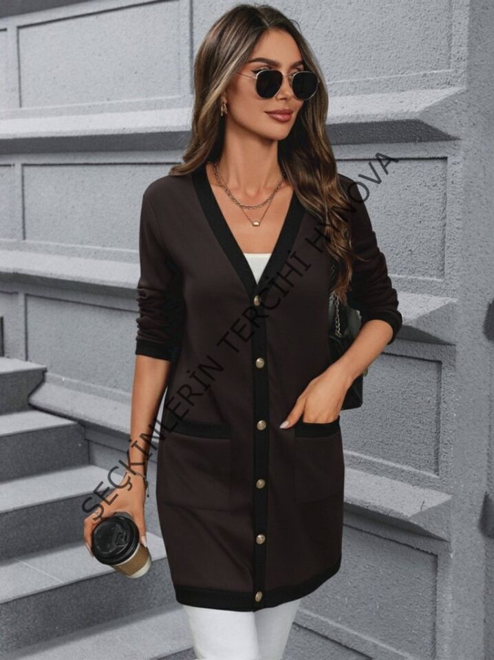 Kadın Uzun Kollu Cepli önden Düğmeli Uzun Modal Ceket Hırka