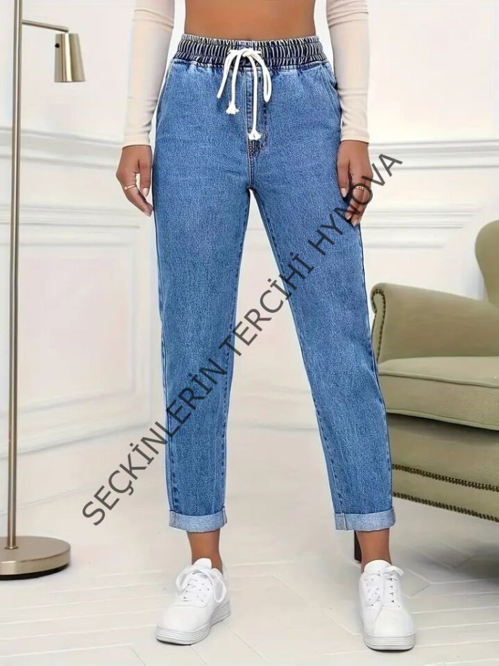 Kadın Yüksek Bel Bağcıklı Kot Pantolon