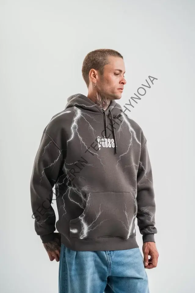 Double Oversize Kapşonlu Şimşek Pano Baskılı SweatShirt - Füme