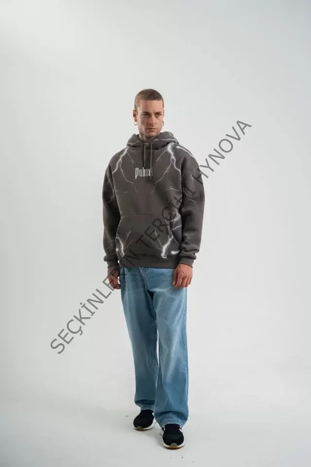 Double Oversize Kapşonlu Şimşek Pano Baskılı SweatShirt - Füme