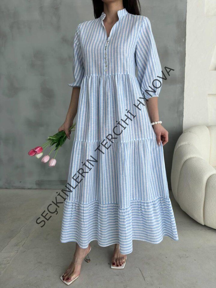 ÇİZGİLİ KETEN HAKİM YAKA DÜĞMELİ SALAŞ ELBİSE - Mavi
