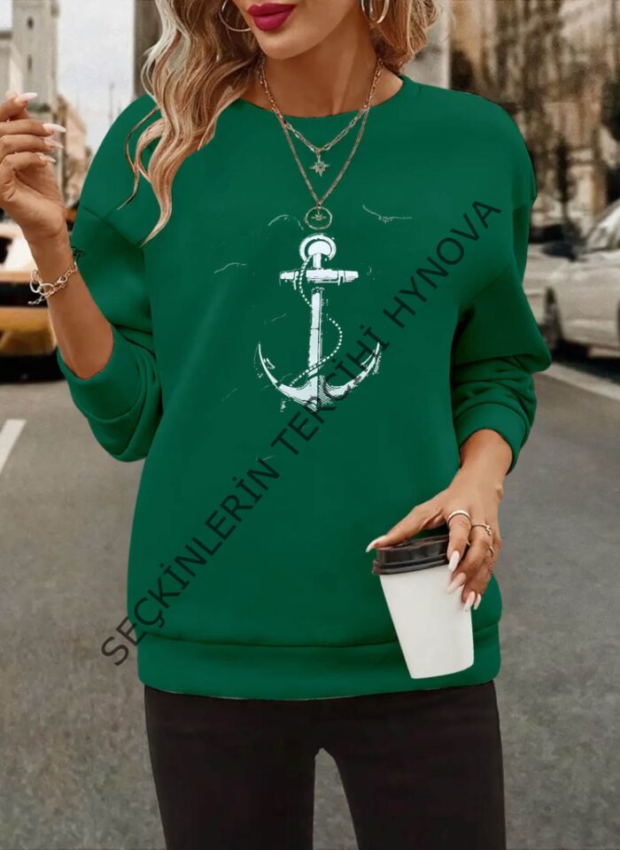 Kadın Uzun Kollu Bisiklet Yaka Desenli Viskon Iki Iplik Bluz