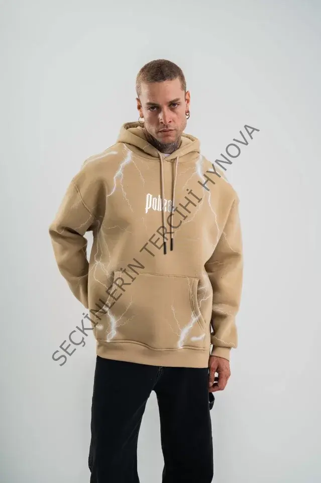 Double Oversize Kapşonlu Şimşek Pano Baskılı SweatShirt - Bej