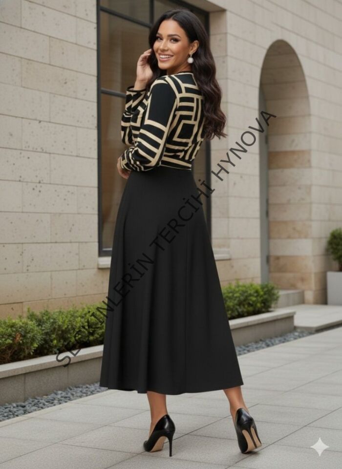 Kadın Uzun Kollu Kruvaze Yaka Dalgıç Krep Midi Boy Elbise