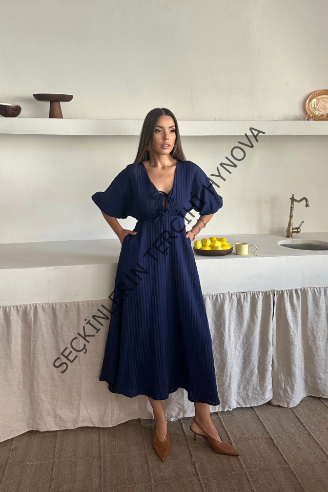 V YAKA DÖKÜMLÜ ELBİSE - Lacivert