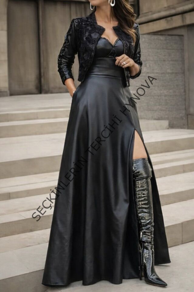 Kadın Yüksek Bel Uzun Yırtmaçlı Deri Etek