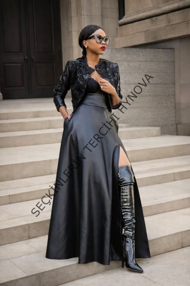 Kadın Yüksek Bel Uzun Yırtmaçlı Deri Etek