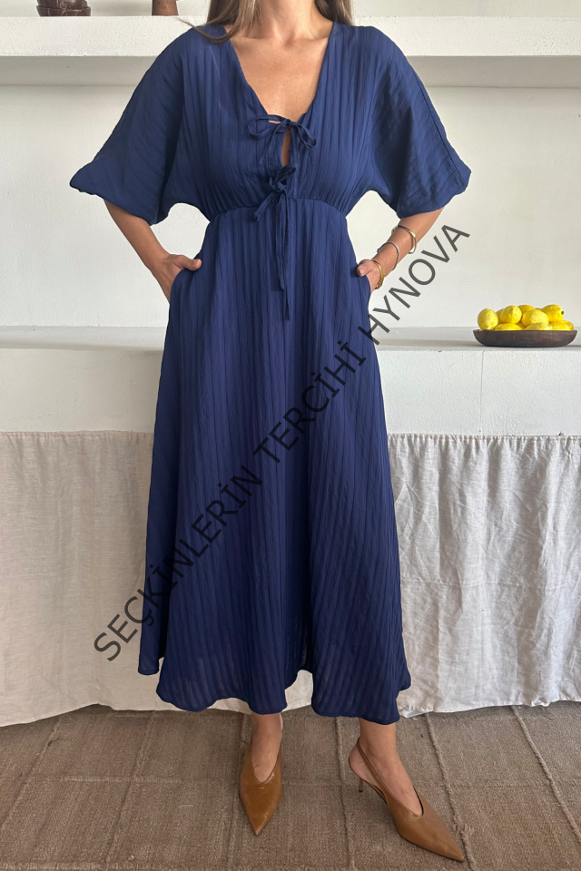 V YAKA DÖKÜMLÜ ELBİSE - Lacivert