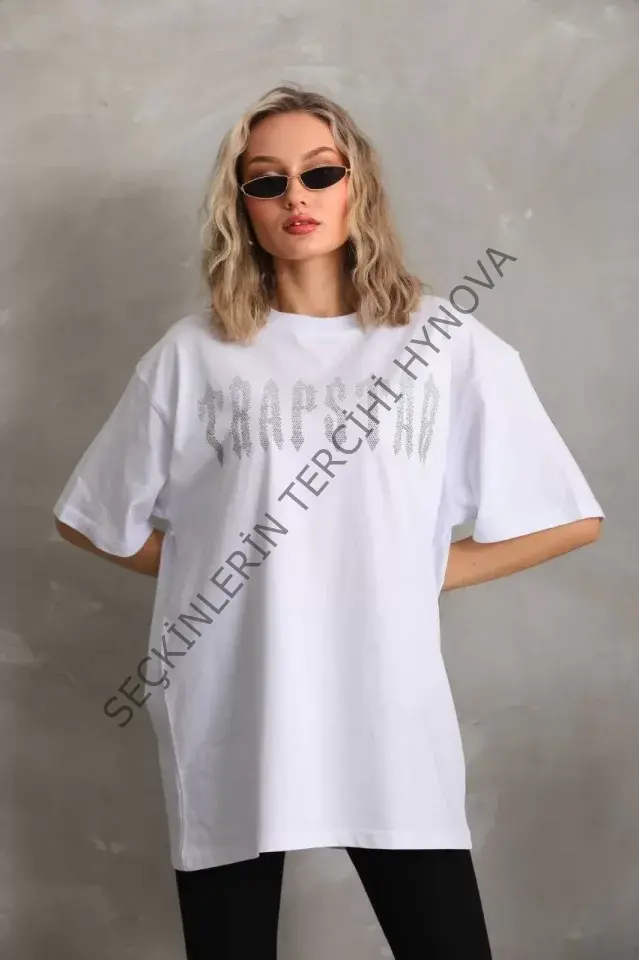 Unisex Taş Desenli Oversize T-Shirt - Beyaz