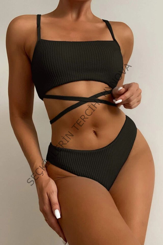 Kadın Siyah Çapraz Bağlama Detaylı Yüksek Bel Bikini Takımı – Modern, Konforlu ve Günlük Kombinlere Uygun