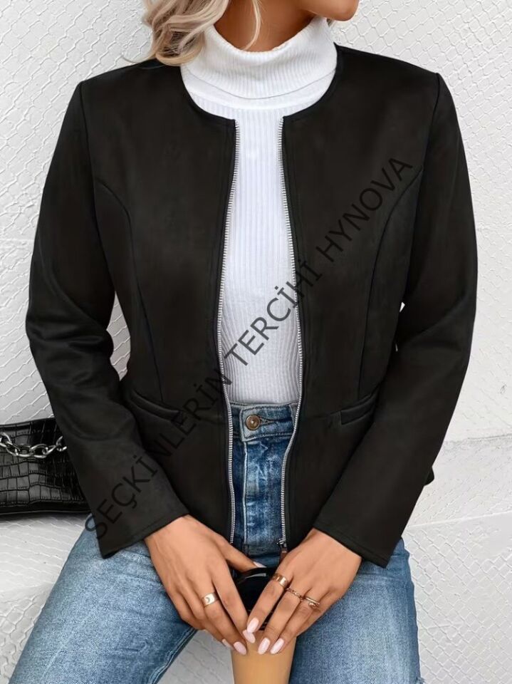 Kadın Uzun Kollu Yuvarlak Yaka önden Fermuarlı Süet Ceket