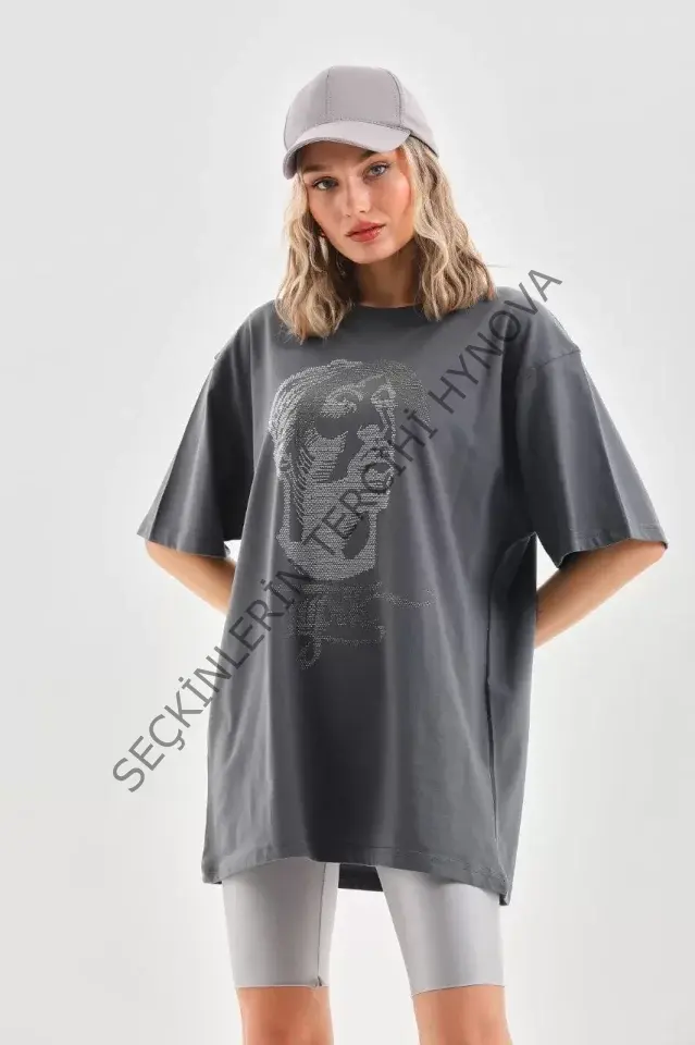 Unisex Taş Desenli Oversize T-Shirt - Füme