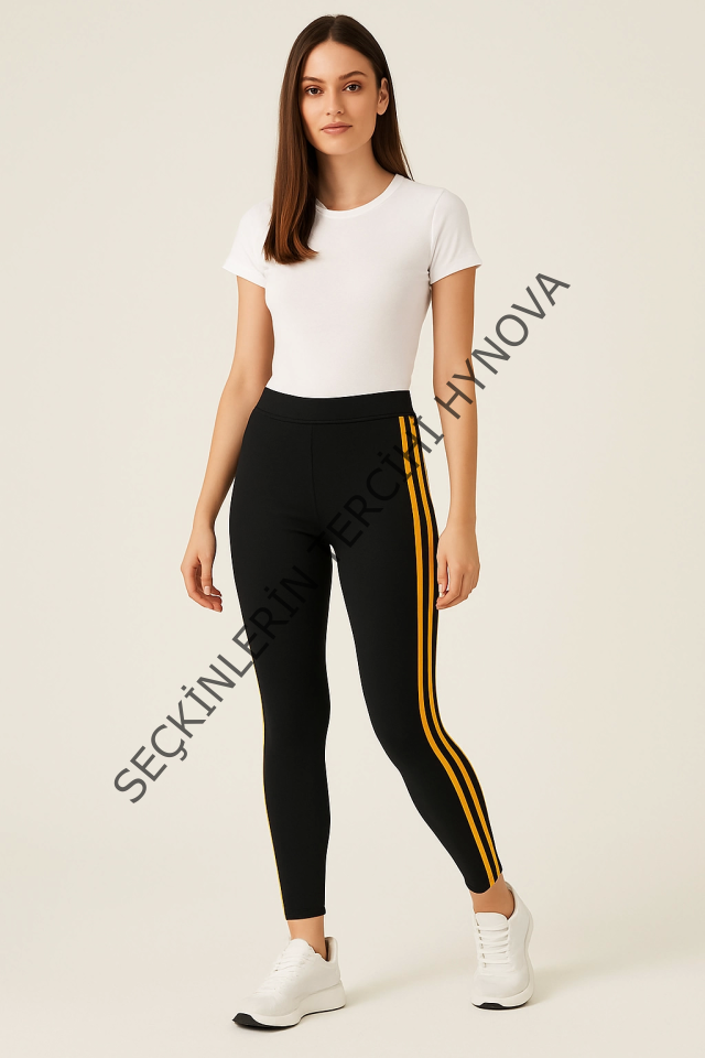 Yanı Sarı Şeritli Her Gardıropta Olması Gereken Tayt - Lacivert