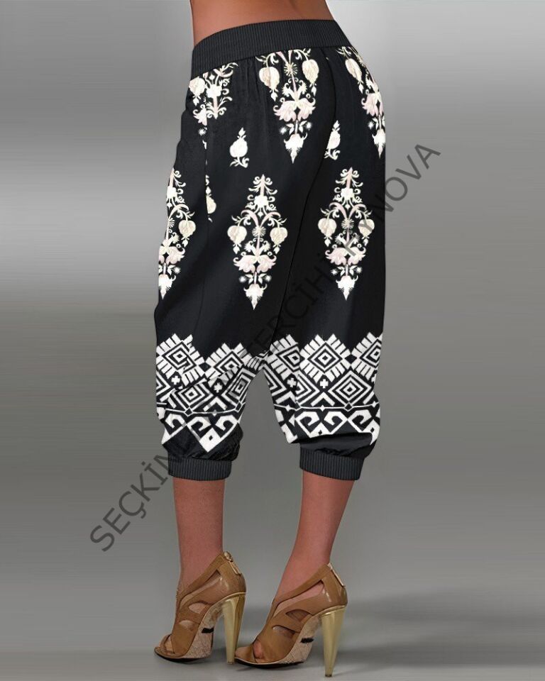 Kadın Beli Lastikli Etnik Desenli Kapri Süprem Pantolon