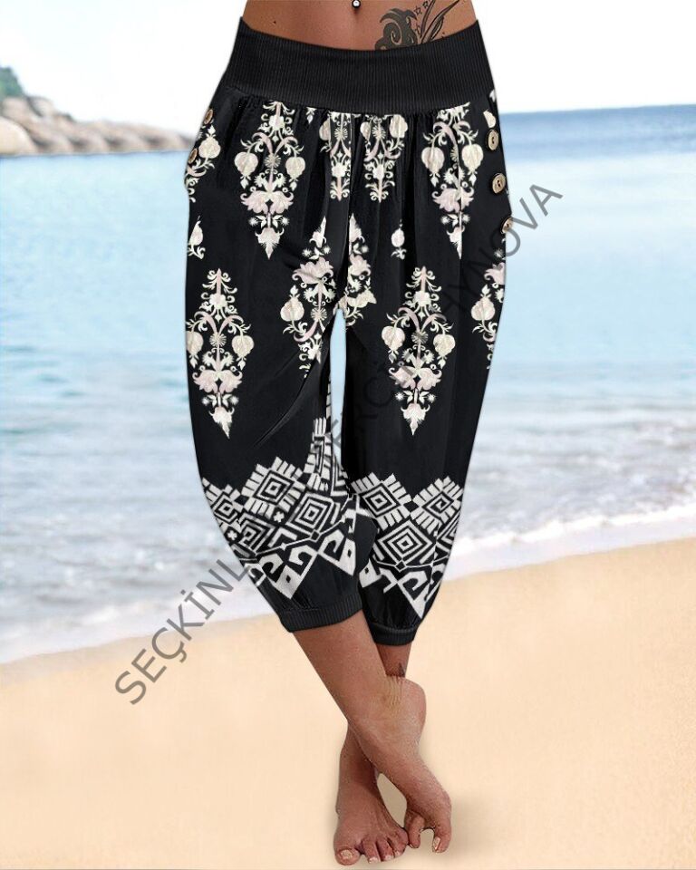 Kadın Beli Lastikli Etnik Desenli Kapri Süprem Pantolon