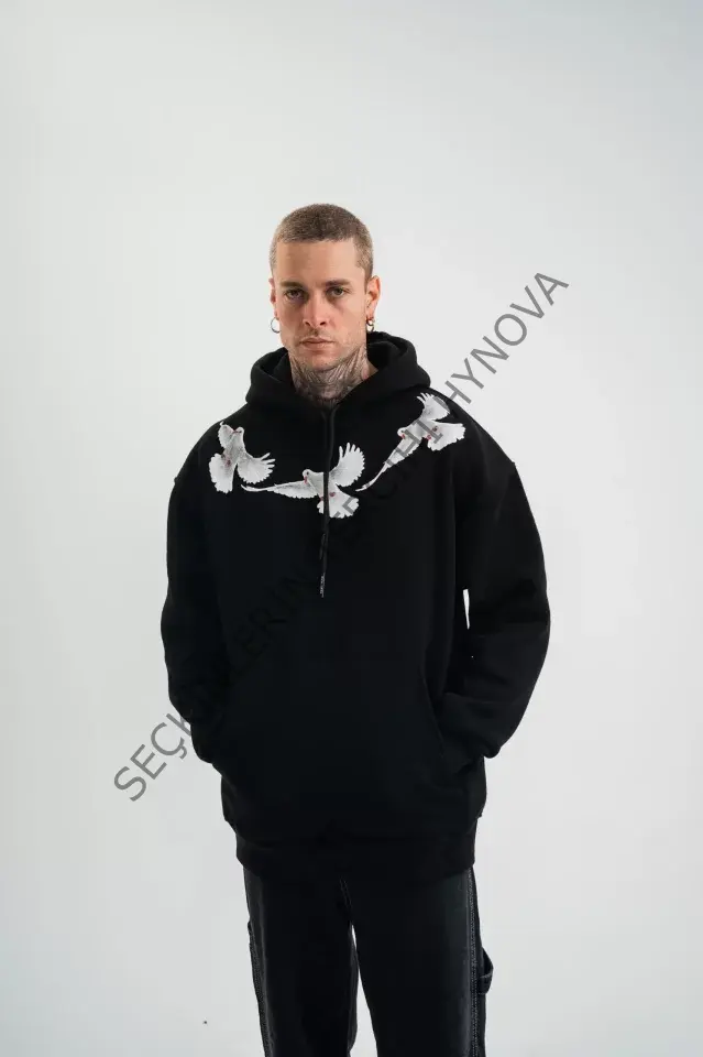 Unisex Uzun Kol Bisiklet Yaka Yıkamalı SweatShirt - Siyah