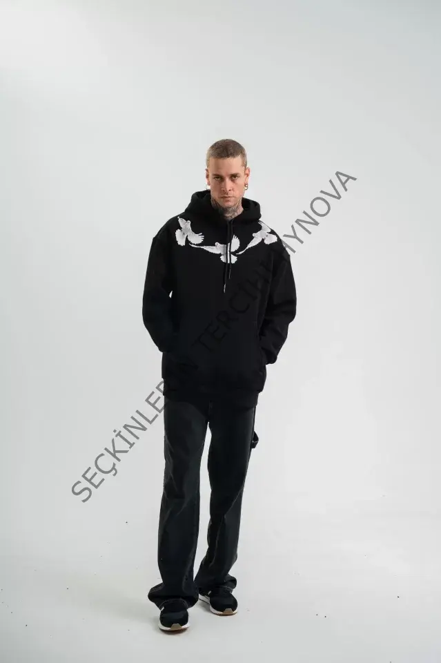 Unisex Uzun Kol Bisiklet Yaka Yıkamalı SweatShirt - Siyah