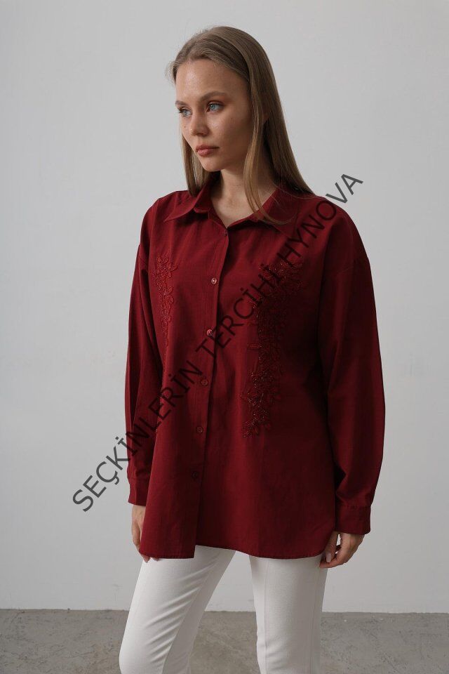 Boncuk Nakış Detaylı Uzun Gömlek - Bordo