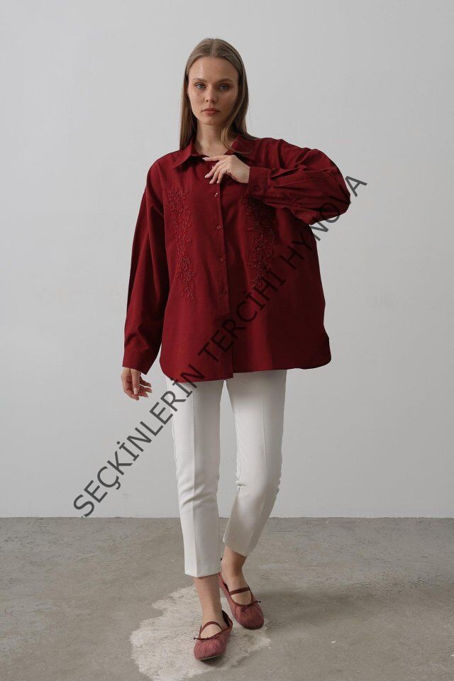 Boncuk Nakış Detaylı Uzun Gömlek - Bordo