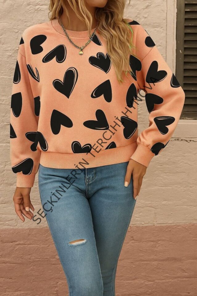 Kadın Uzun Kollu Bisiklet Yaka Kalp Desenli Iki Iplik Bluz