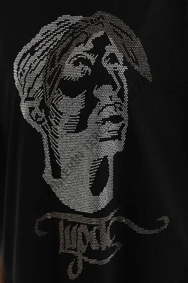 Unisex Taş Desenli Oversize T-Shirt - Siyah