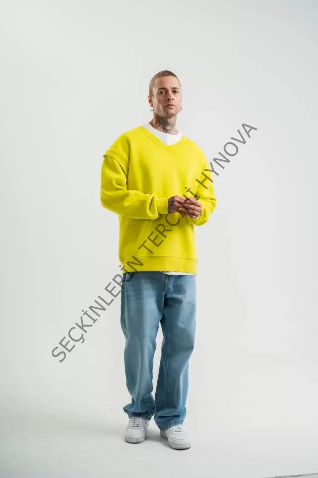 Geniş V Yaka Kol Ribana Detaylı SweatShirt - Sarı