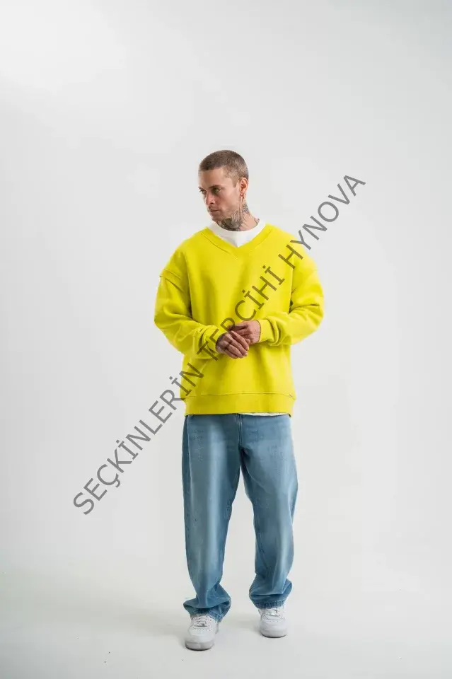 Geniş V Yaka Kol Ribana Detaylı SweatShirt - Sarı