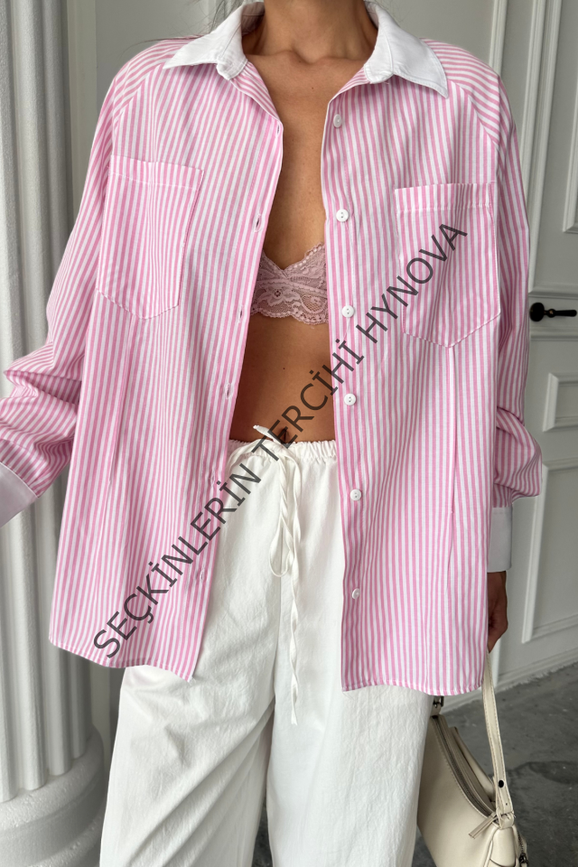 YAKA VE MANŞET BEYAZBOYFRİEND ÇİZGİLİPOPLİN GÖMLEK - Pembe