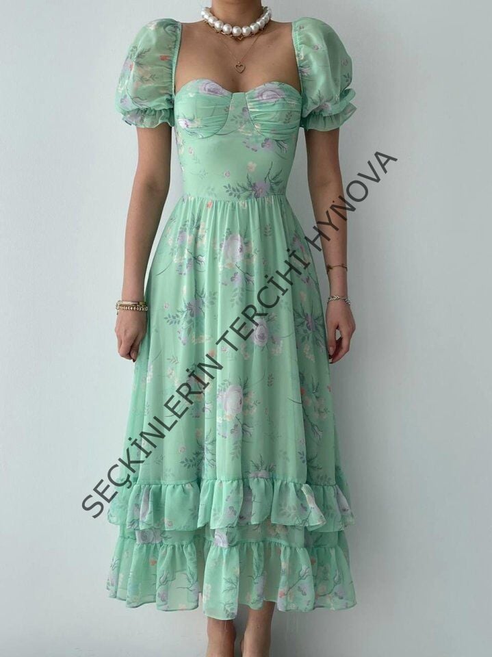 ŞİFON KUMAŞ DİJİTAL DESEN BASKILI ELBİSE