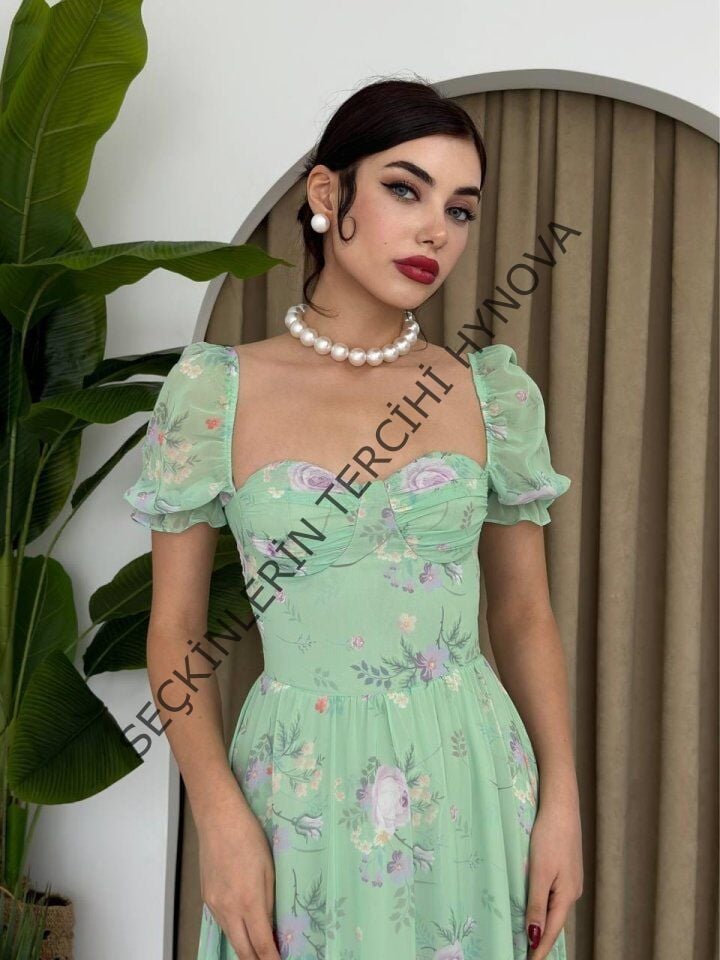 ŞİFON KUMAŞ DİJİTAL DESEN BASKILI ELBİSE