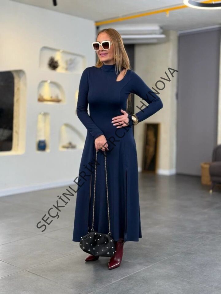 Kadın Balıkçı Yaka Damla Detaylı Yırtmaçlı Uzun Viskon Iki Iplik Maxi Elbise