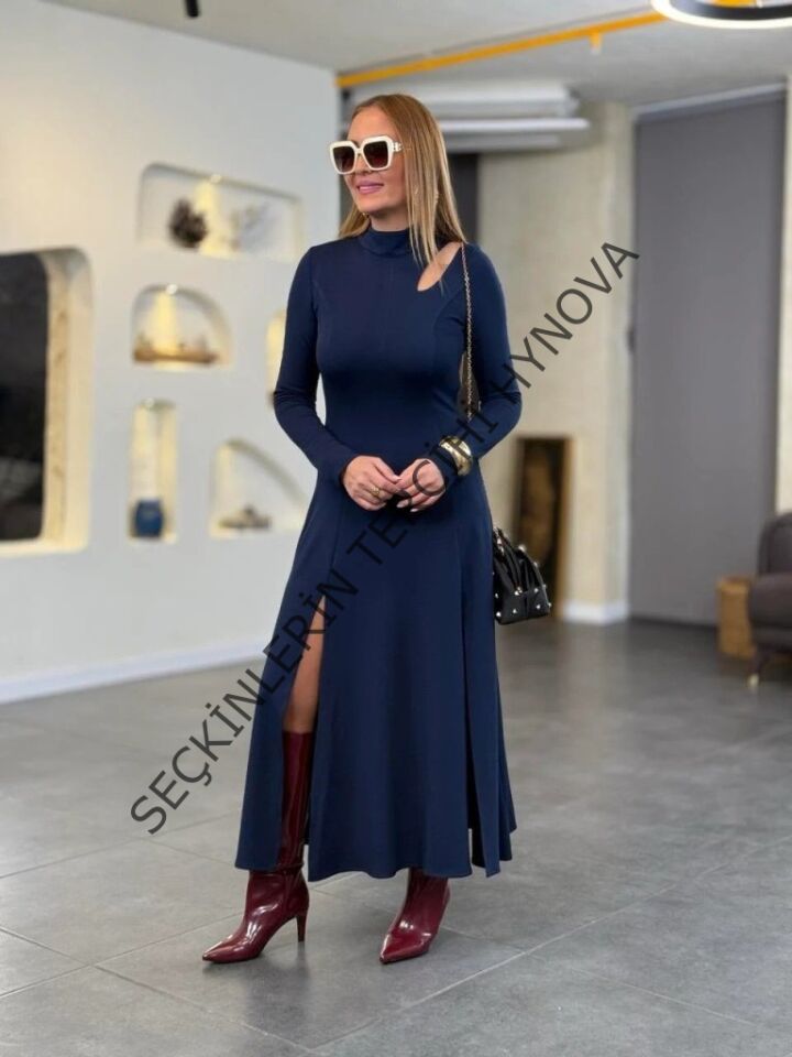 Kadın Balıkçı Yaka Damla Detaylı Yırtmaçlı Uzun Viskon Iki Iplik Maxi Elbise