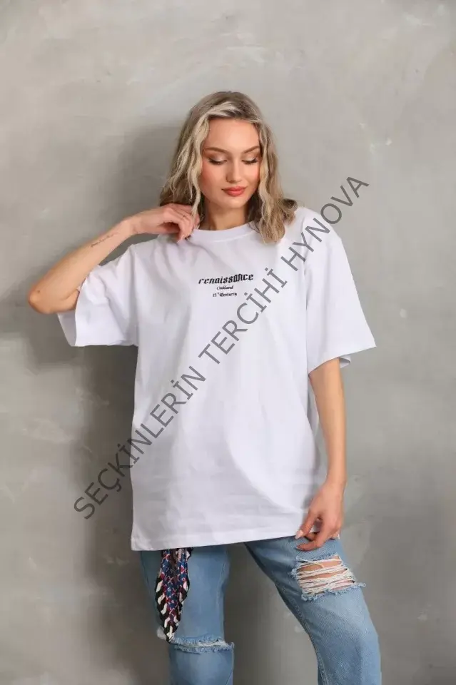 Unisex Baskılı Oversize T-Shirt - Beyaz