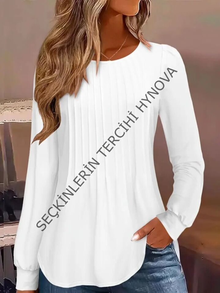 Kadın Uzun Kollu Yuvarlak Yaka Nervürlü Bluz