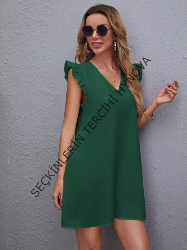 Kadın Kısa Kollu V Yakalı Ithal Krep Elbise