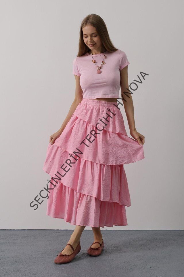 Katlı Kesim Uzun Etek - Pembe