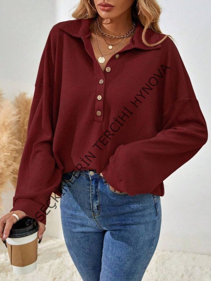 Kadın Uzun Kollu Yakalı Düğmeli Salaş Waffle Bluz