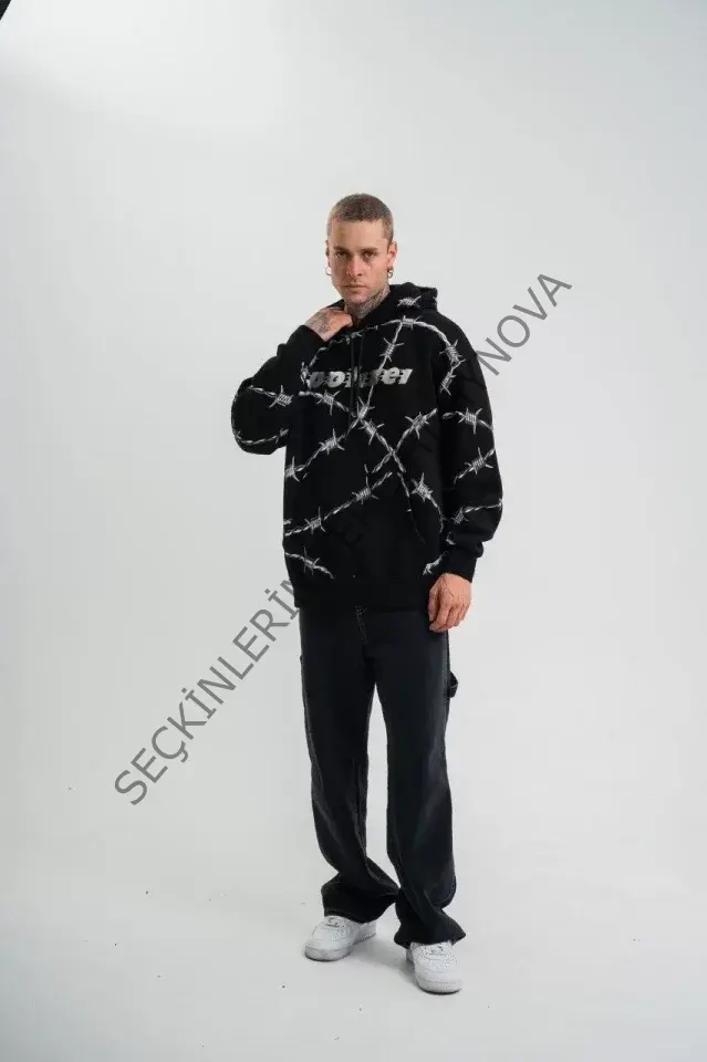 POLIZEI Premium Kalite Kapşonlu Varak Ve Pano Baskılı SweatShirt - Siyah