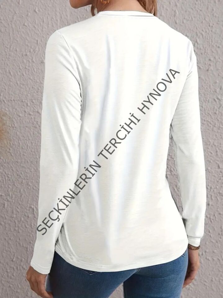 Kadın Uzun Kollu Bisiklet Yaka Kalp Desenli Bluz