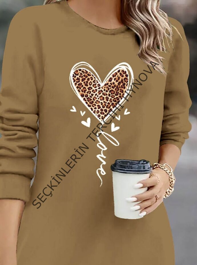 Kadın Uzun Kollu Bisiklet Yaka Kalp Desenli Kısa Viskon Elbise