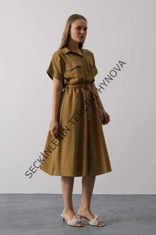 Kuşaklı Cep Detaylı Yarım Kol Elbise - Yağ Yeşili