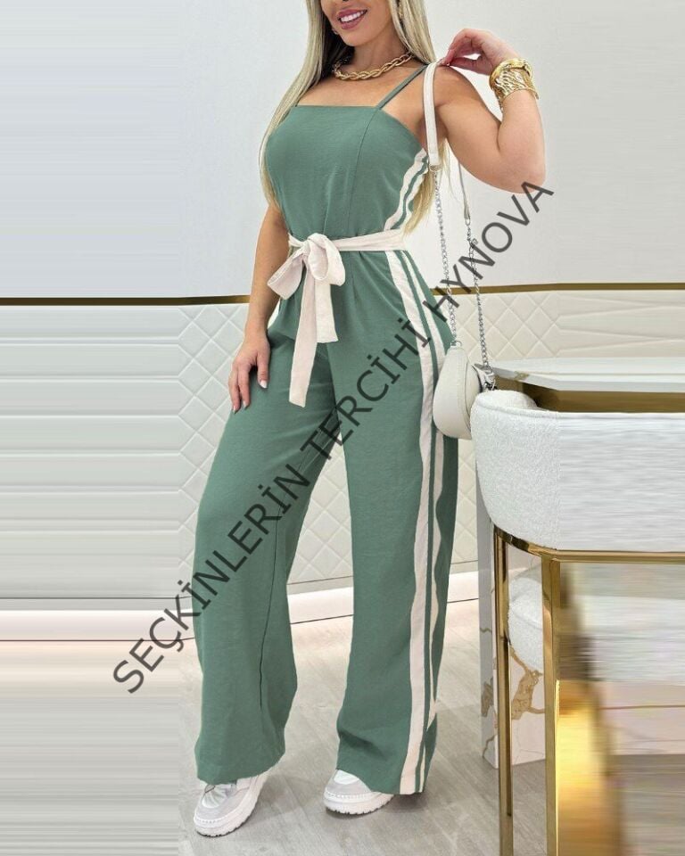 Kadın Ip Askılı Straplez Belden Kuşaklı Viskon Iki Iplik Tulum